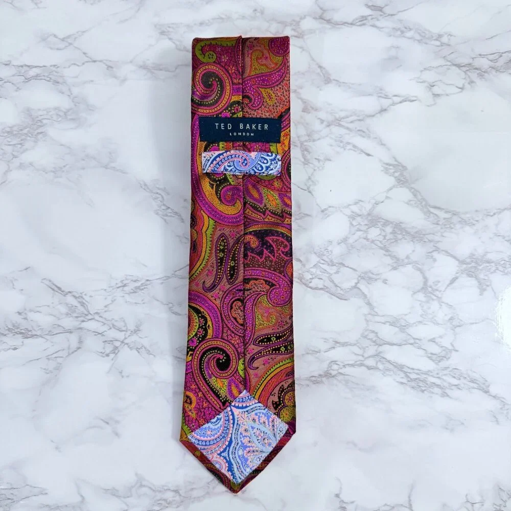 Ted Baker London 100% Silk Paisley Necktie Pink Gold Mustard Made In USA Retro - Picture 9 of 11